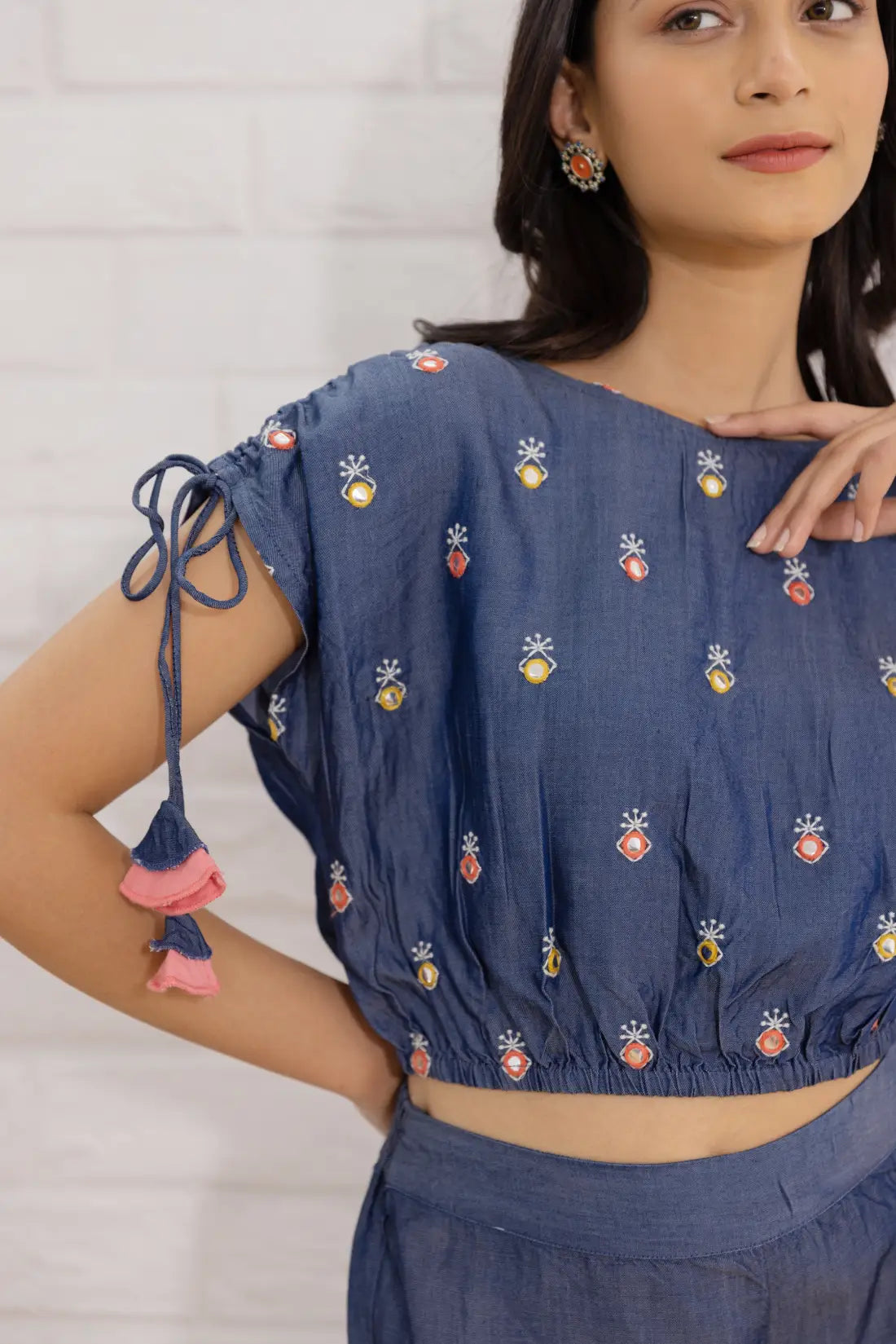 Women's Denim Blue Co-ord Set with Crop Top and Palazzo