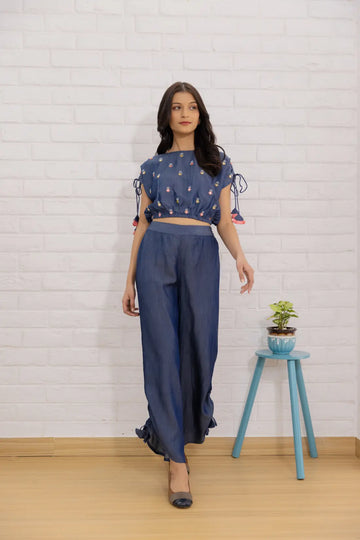 Women's Denim Blue Co-ord Set with Crop Top and Palazzo