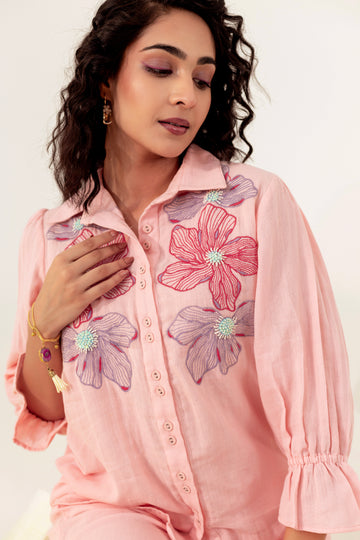 Women's Peach Cotton Fabric Embroidered Co-ord Set