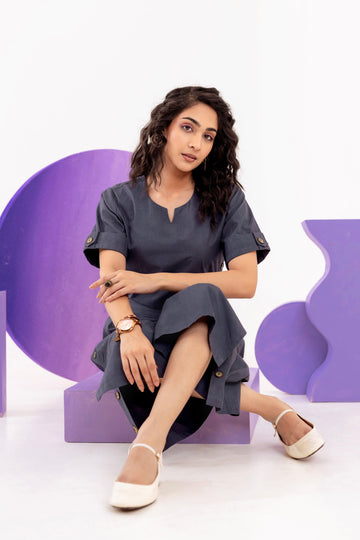 Women's Dark Grey Cotton Fabric Buttoned up Co-ord Set