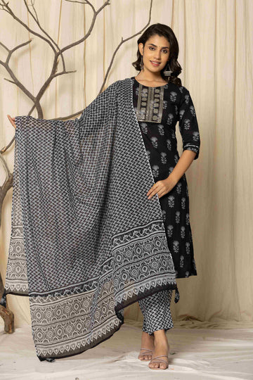 Women's Cotton Fabric Suit Set | Ethnic Printed Straight Kurta with Pants & Dupatta