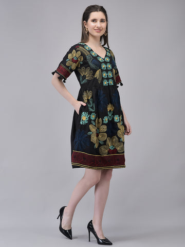 Women's Cotton Black Printed Dress | Embroidered flared Midi Dress with Pocket