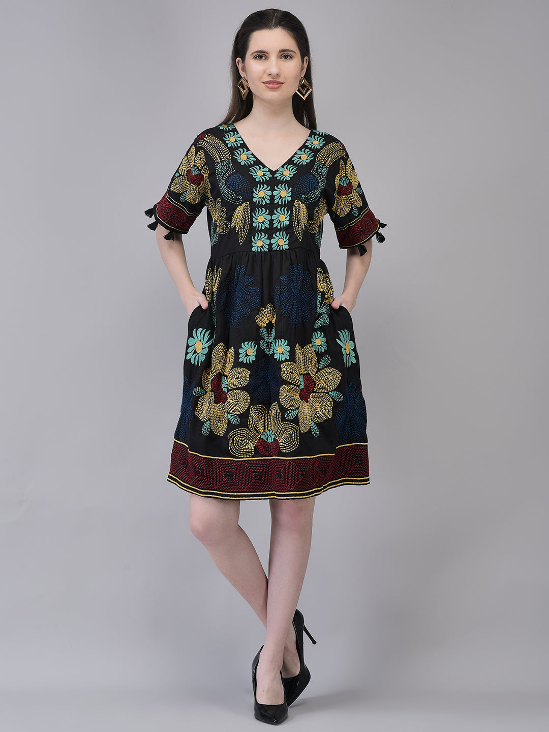 Women's Cotton Black Printed Dress | Embroidered flared Midi Dress with Pocket