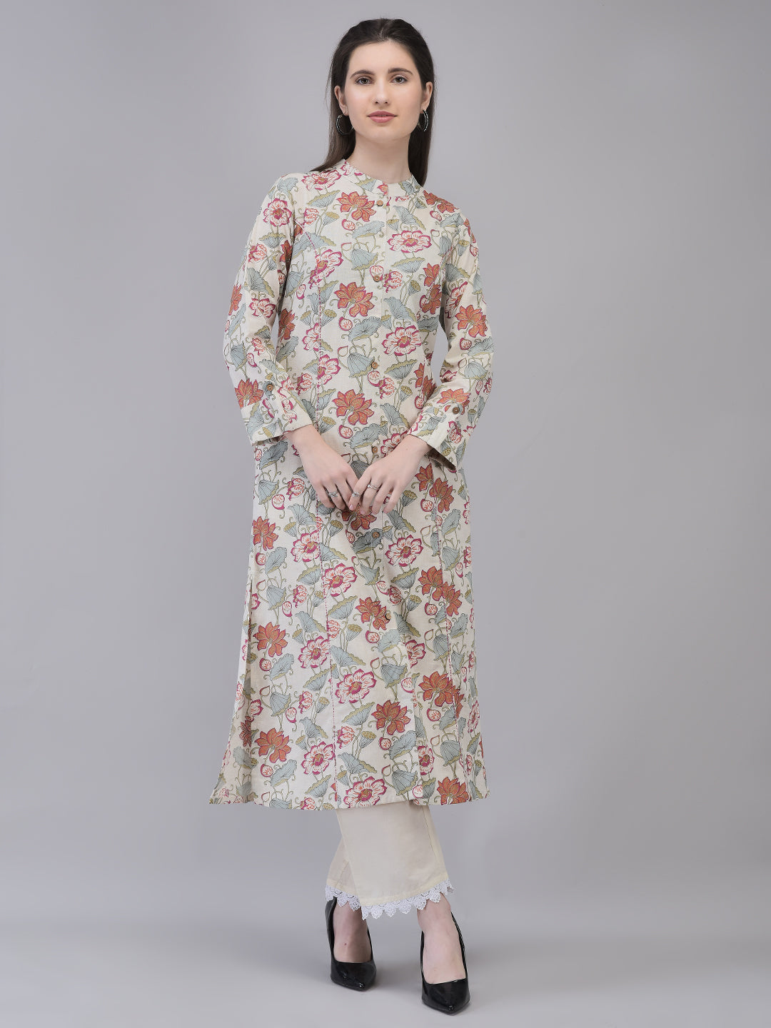 Women's Cotton Off-white Printed Kurta | Ethnic Straight Kurta
