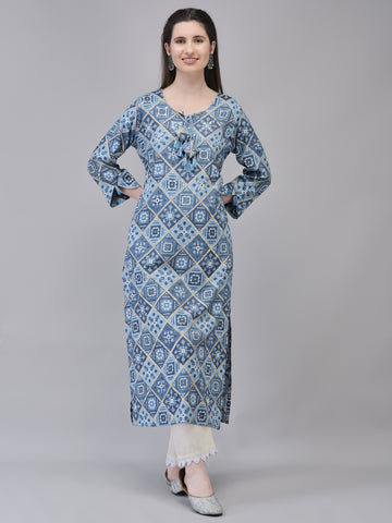 Women's Blue Printed Kurta | Ethnic Motif printed Straight Kurta