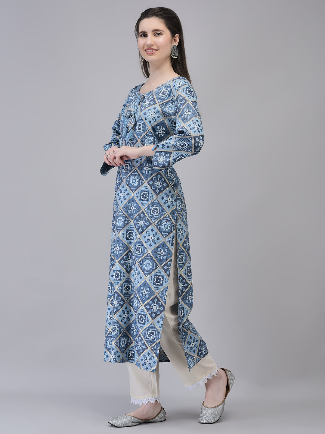 Women's Blue Printed Kurta | Ethnic Motif printed Straight Kurta