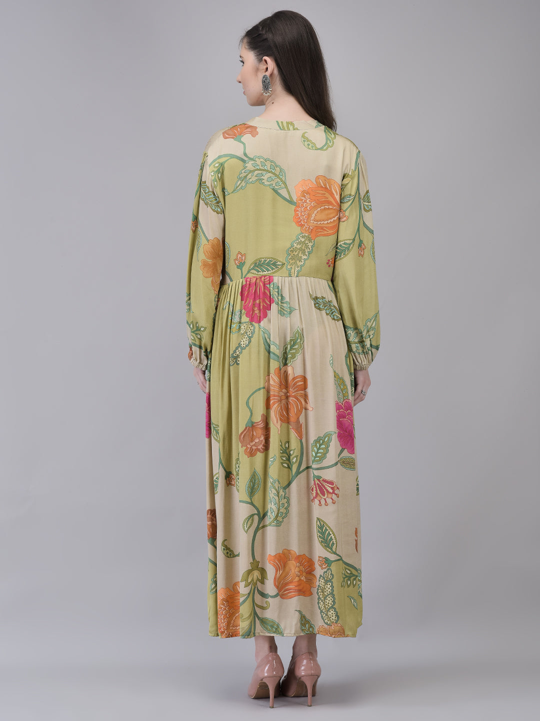 Women's Muslin Green Printed Dress | Long Printed Dress with Embroidery