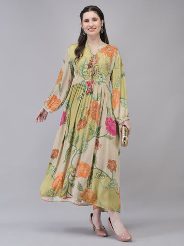 Women's Muslin Green Printed Dress | Long Printed Dress with Embroidery