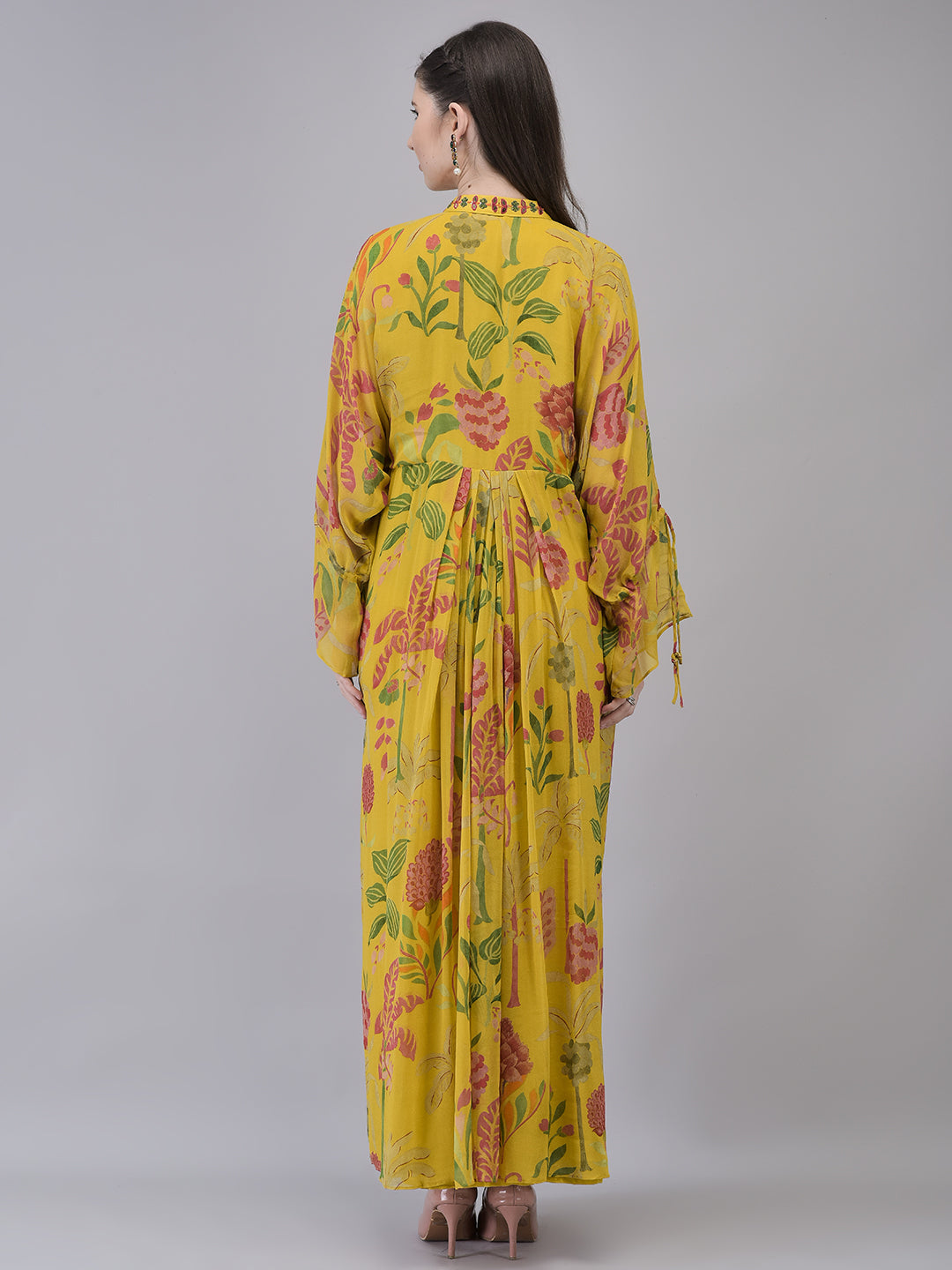 Women's Georget Yellow Printed Dress Printed Maxi Dress with Beads Embroidery on neck