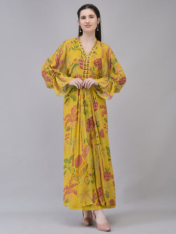 Women's Georget Yellow Printed Dress Printed Maxi Dress with Beads Embroidery on neck
