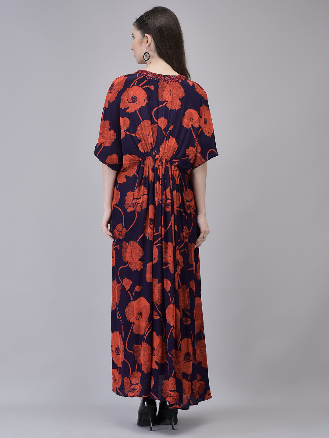 Women's Crepe Red Printed Dress | Printed Maxi Dress with Beads Embroidery on neck