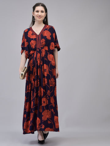 Women's Crepe Red Printed Dress | Printed Maxi Dress with Beads Embroidery on neck