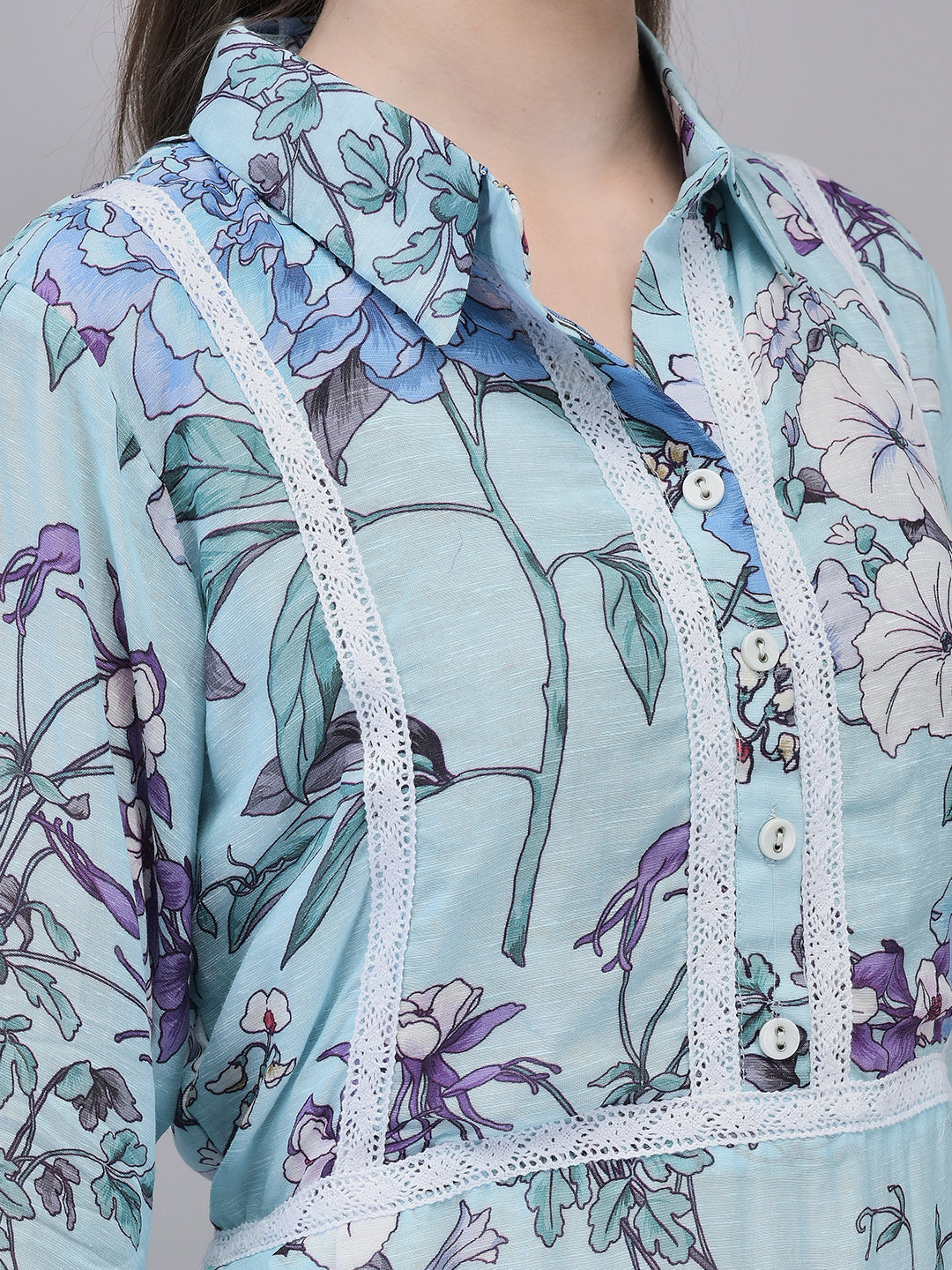 Women's Linen Sky Blue Printed Dress | Flared Midi Dress