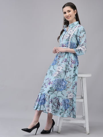 Women's Linen Sky Blue Printed Dress | Flared Midi Dress