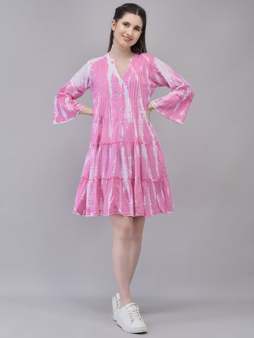 Women's Cotton Pink Printed Dress | Flared Midi Dress