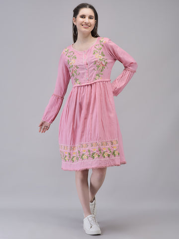 Women's Cotton Pink Printed Dress | Embroidered Midi Dress Full Sleeves