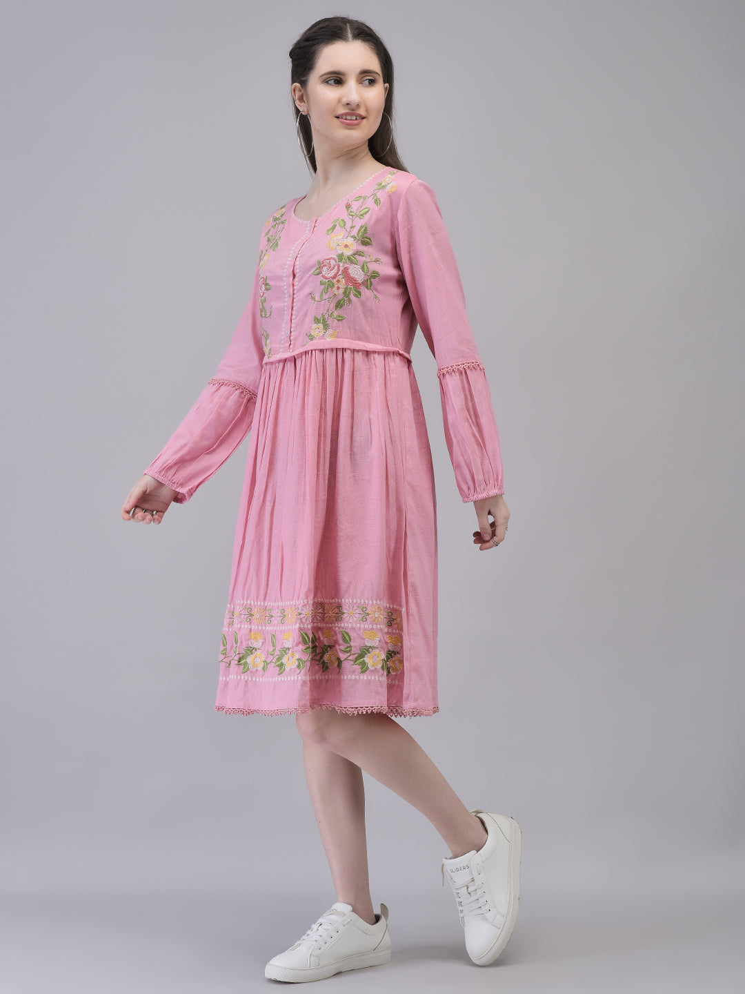 Women's Cotton Pink Printed Dress | Embroidered Midi Dress Full Sleeves