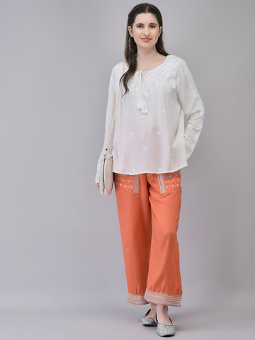 Women's Rayon Off-white Top | Regular Top with Tie Details