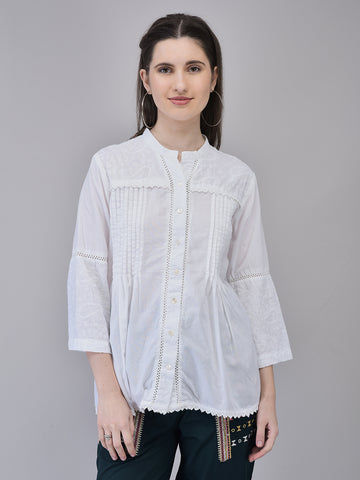 Women's Cambric White Tunic Top | Regular Collared Top