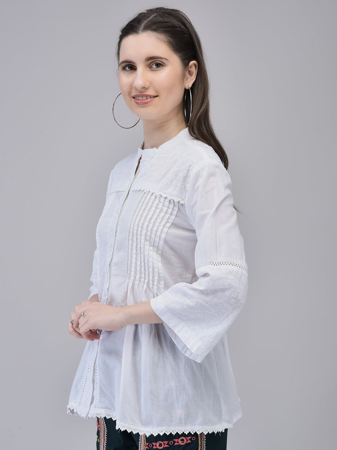 Women's Cambric White Tunic Top | Regular Collared Top