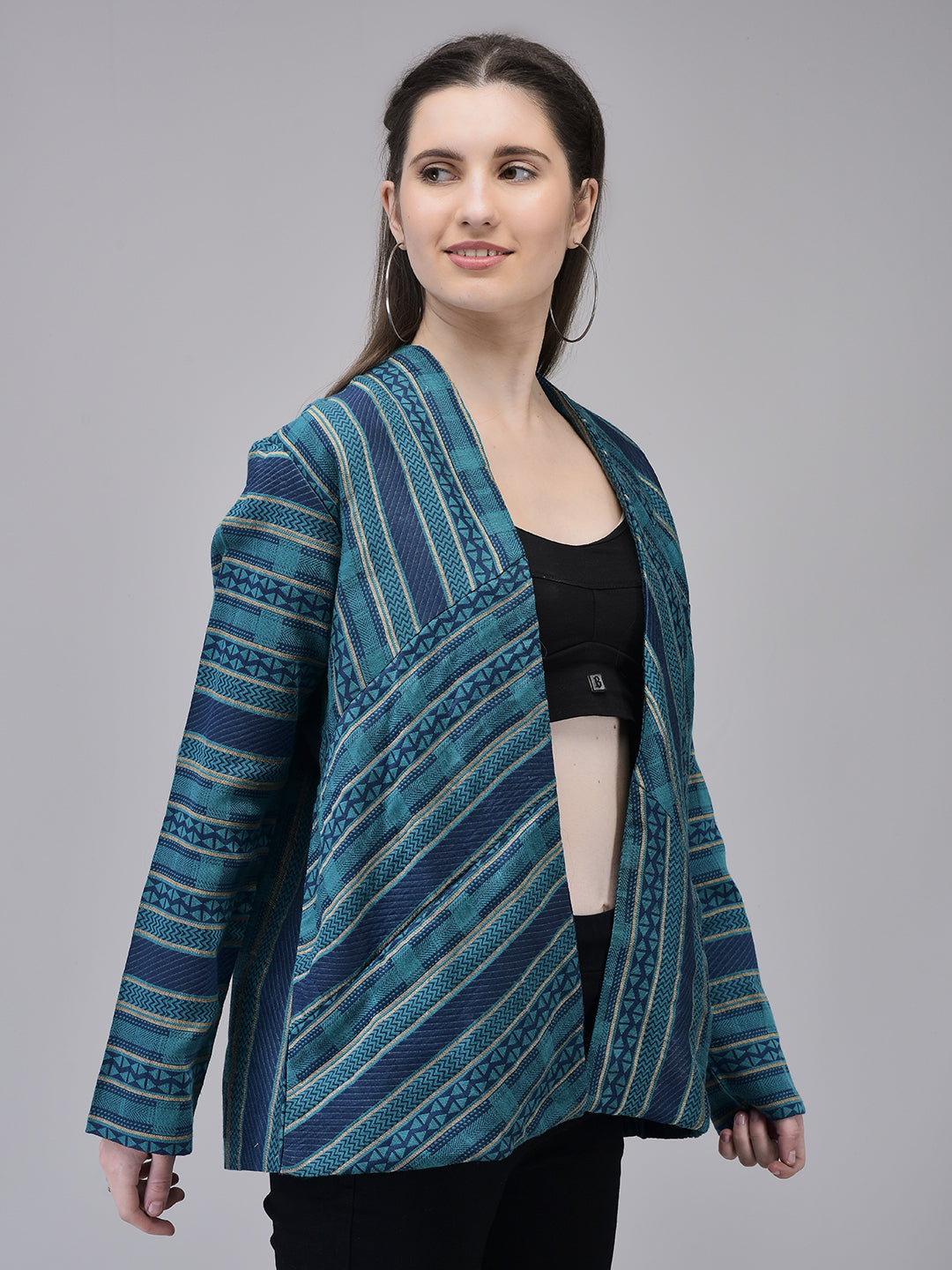 Women's Blue Polysilk Fabric Casual Jacket