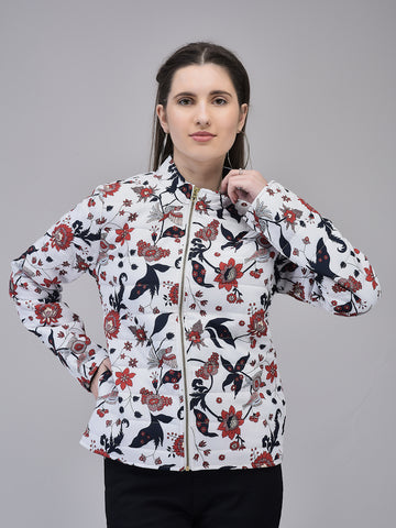 Women's White Poly Silk Puffed Printed Jacket
