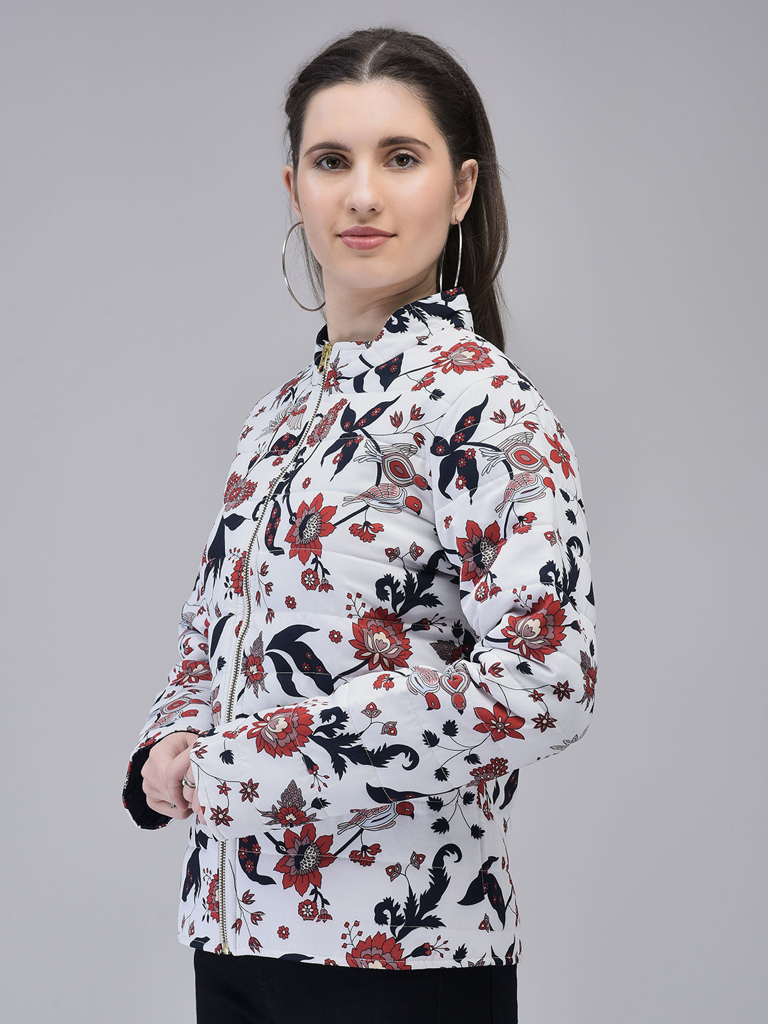 Women's White Poly Silk Puffed Printed Jacket