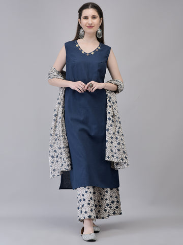 Women's Cotton Blue Suit Set | Ethnic Straight Kurta with Printed Palazzo & Dupatta