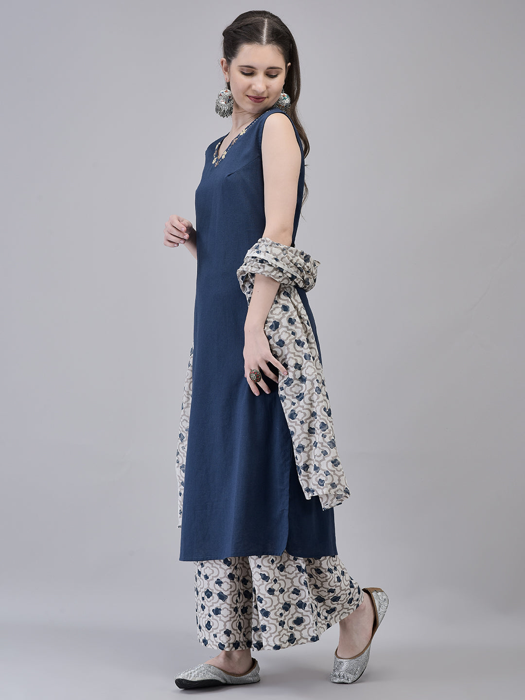Women's Cotton Blue Suit Set | Ethnic Straight Kurta with Printed Palazzo & Dupatta