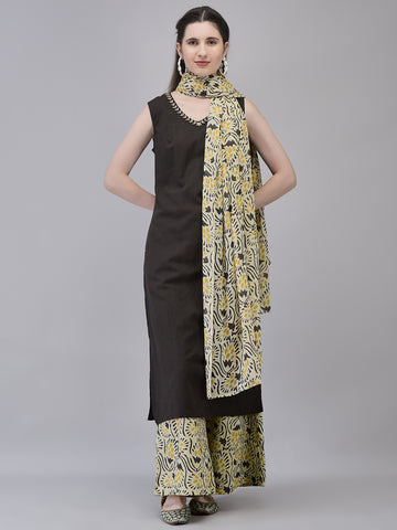 Women's Cotton Brown Suit Set | Ethnic Straight Kurta with Printed Palazzo & Dupatta