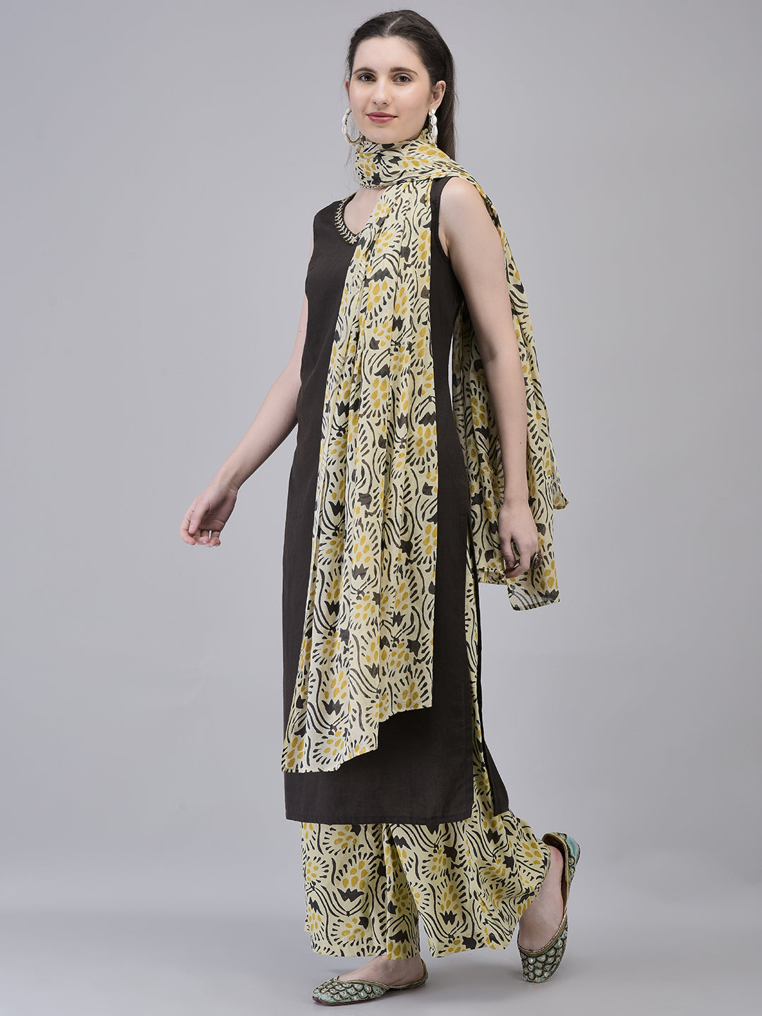 Women's Cotton Brown Suit Set | Ethnic Straight Kurta with Printed Palazzo & Dupatta
