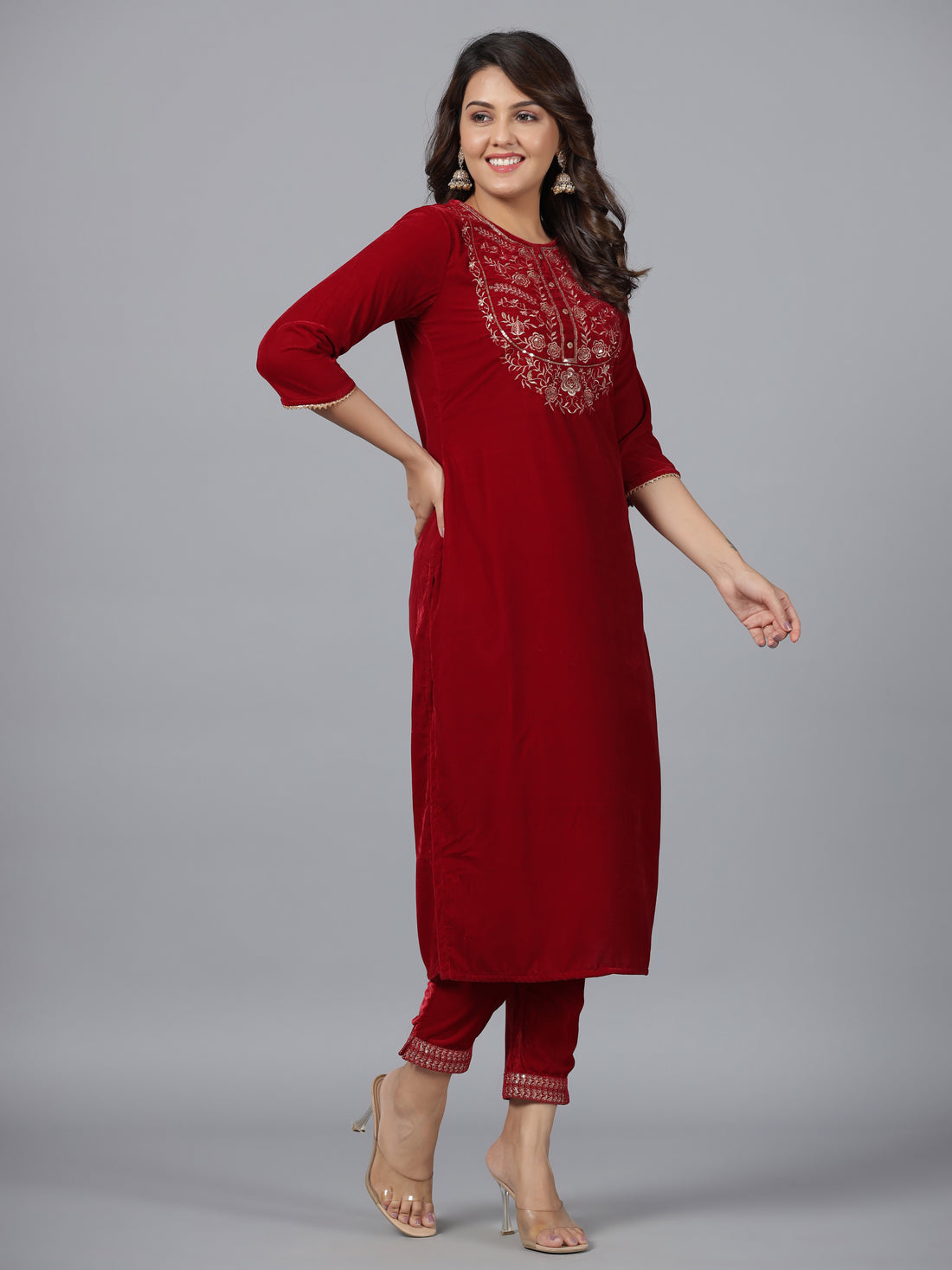 Women's Maroon Velvet Fabric Embroidered Kurta Set