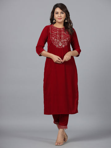 Women's Maroon Velvet Fabric Embroidered Kurta Set