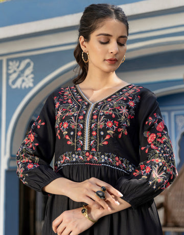 Women's Rayon Black Embroided Dress I Ethnic Midi Dress