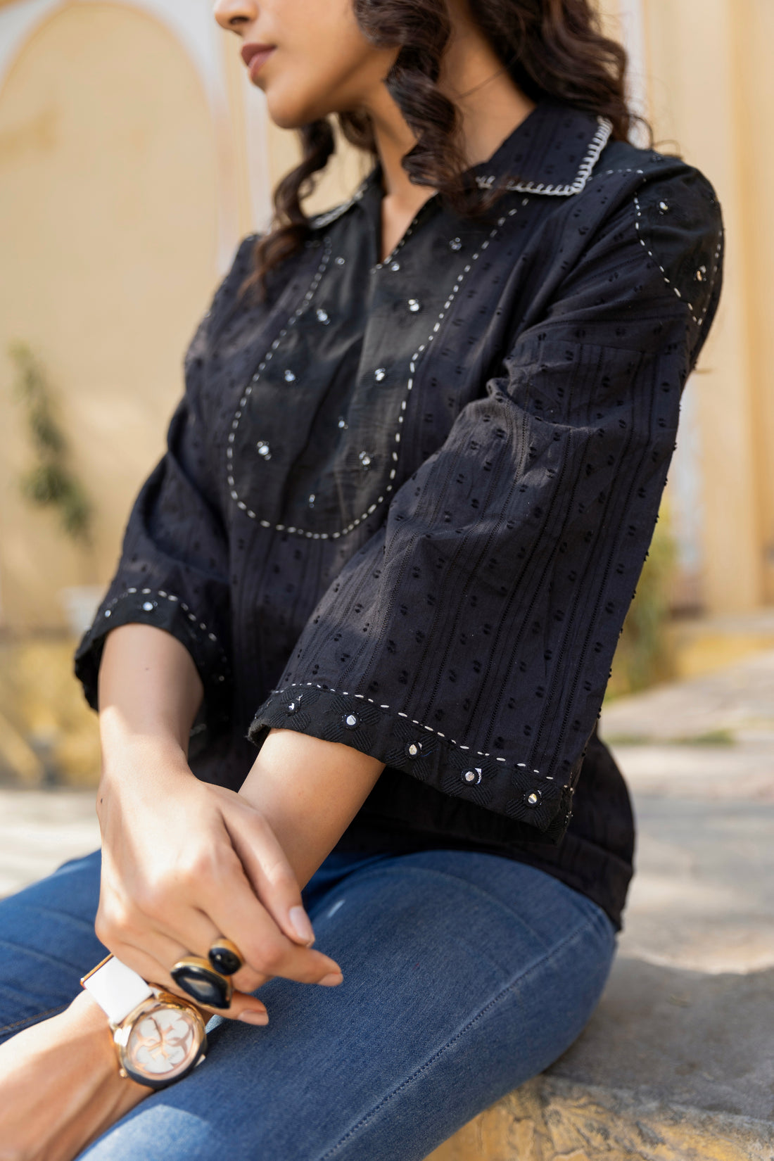 Women's Cotton Black Tunic Top with Embroidered Collar