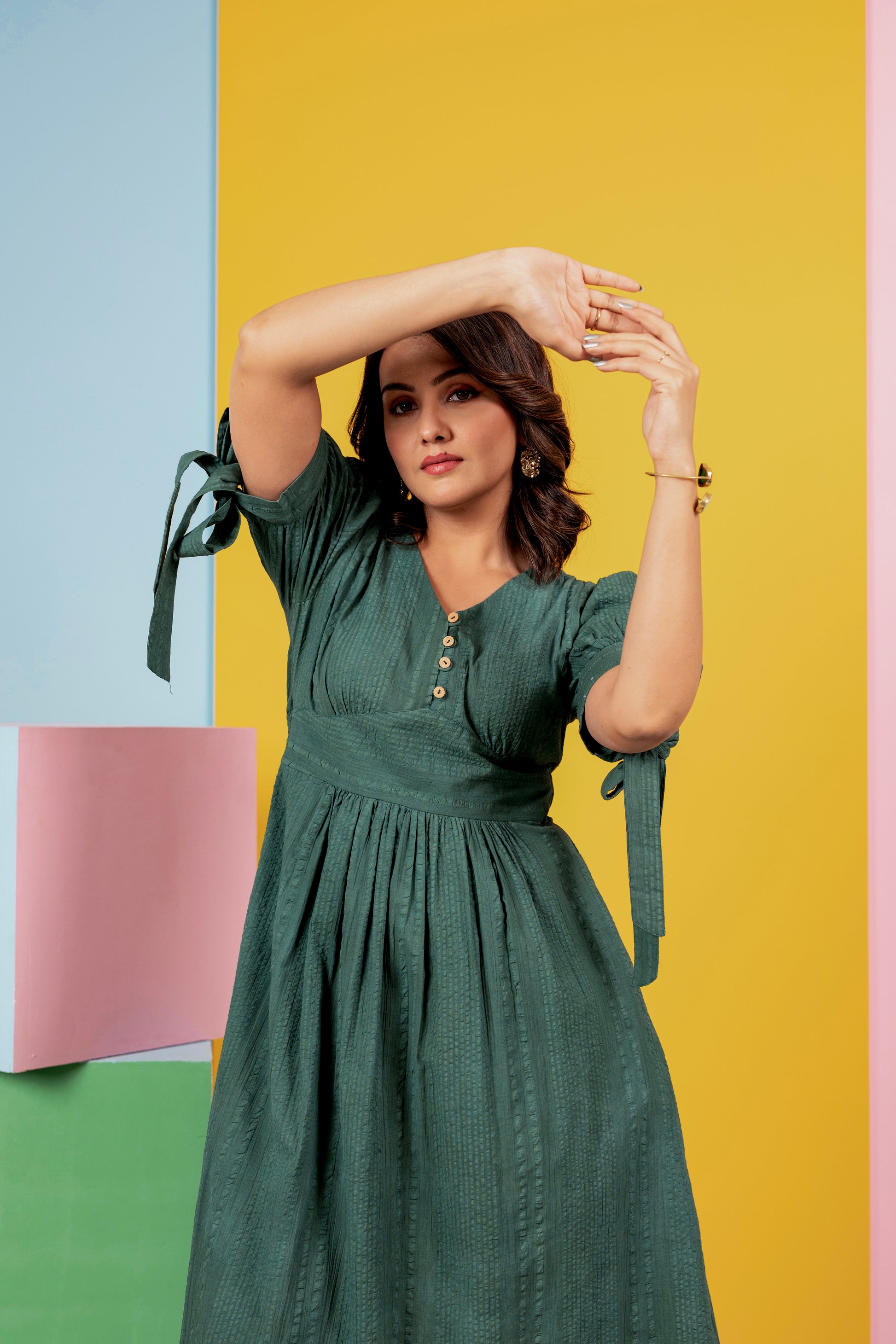 Women's Cotton Green Dress | Plain Ethnic Midi Dress araliaecom Women's Cotton Green Dress | Plain Ethnic Midi Dress araliaecom
