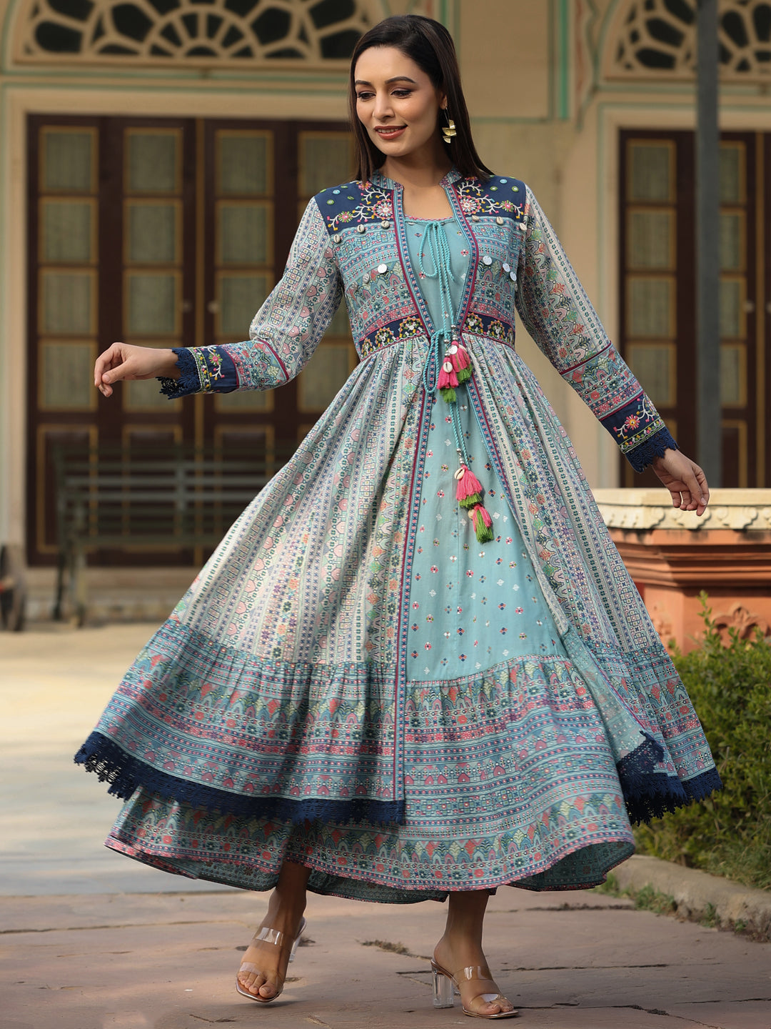 Women's Cambric Sky Blue Printed 2 Piece Dress | Ethnic Long Flared Dress