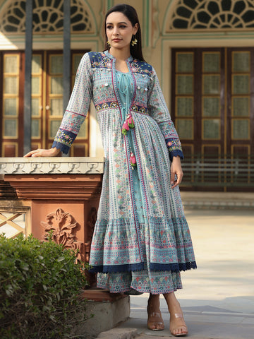 Women's Cambric Sky Blue Printed 2 Piece Dress | Ethnic Long Flared Dress