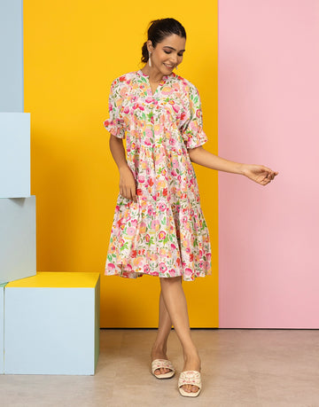 Women's Cotton Off-White Printed Dress | Floral printed Midi Dress