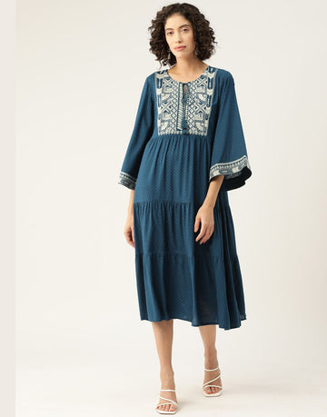 Women's Rayon Blue Thread Embroided Dress | Flared Midi Dress