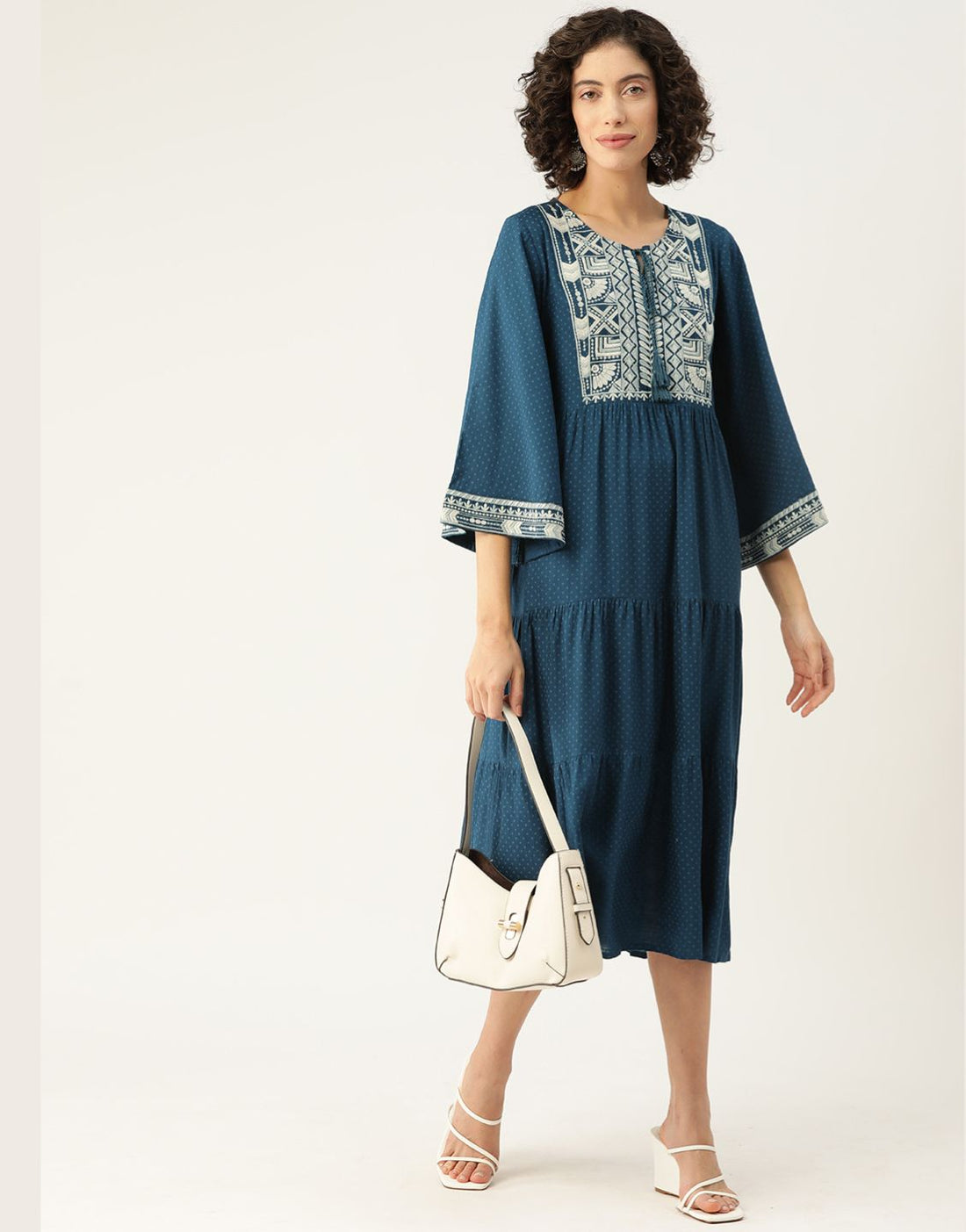Women's Rayon Blue Thread Embroided Dress | Flared Midi Dress