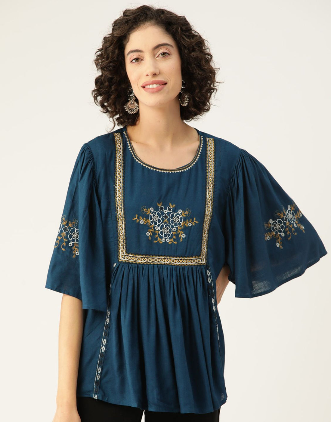 Women's Rayon Teal Blue Top | Thread Embroidered Tunic Top