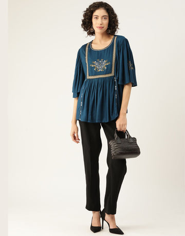 Women's Rayon Teal Blue Top | Thread Embroidered Tunic Top