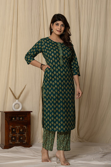 Women's Dark Green Cotton Fabric Printed Kurta Set