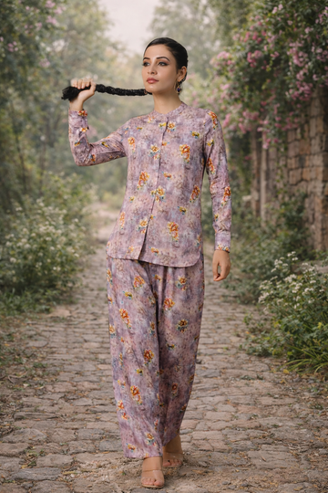 Women's Lavender Rayon Fabric Floral Printed Co-ord Set