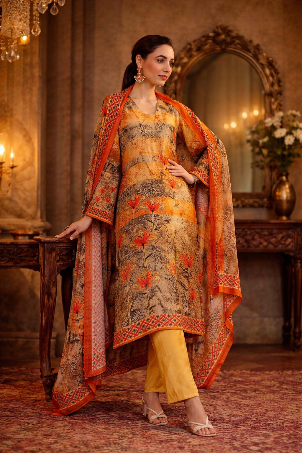 Women's Amber Bloom Mustard Printed Suit Set | Ethnic Kurta with Pants & Printed Dupatta