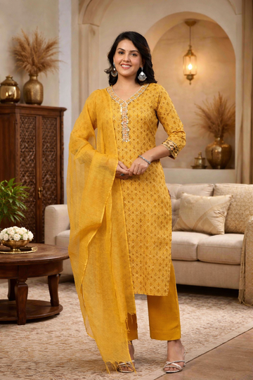 Women's Yellow Cotton Fabric Printed Suit Set | Ethnic Straight Kurta with Pants & Dupatta
