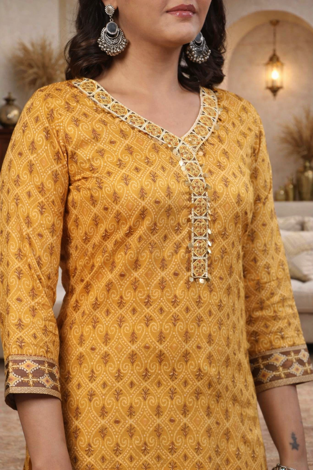 Women's Yellow Cotton Fabric Printed Suit Set | Ethnic Straight Kurta with Pants & Dupatta