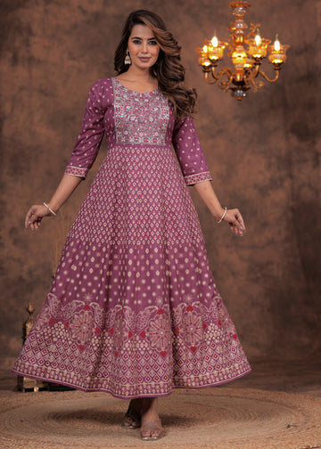 Women's Cotton Printed Dress | Ethnic Anarkali Dress with Sequin & Zari work