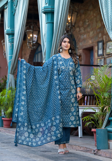 Women's Blue Cotton Fabric Suit Set | Ethnic Floral Round neck Kurta with Pants & Dupatta